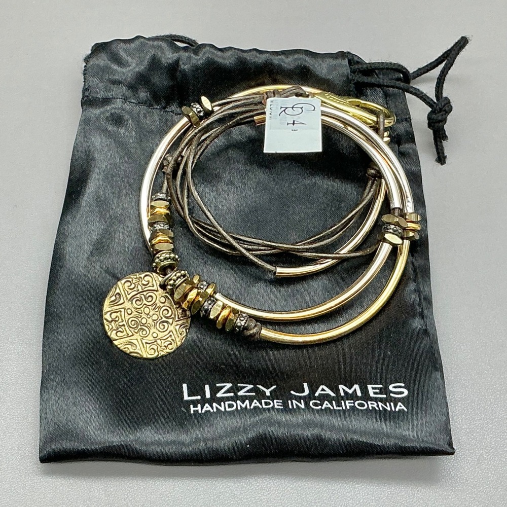 Lizzy James Wrap Bracelet Necklace Gold Silver Tone Mixed Metal Leather Cord